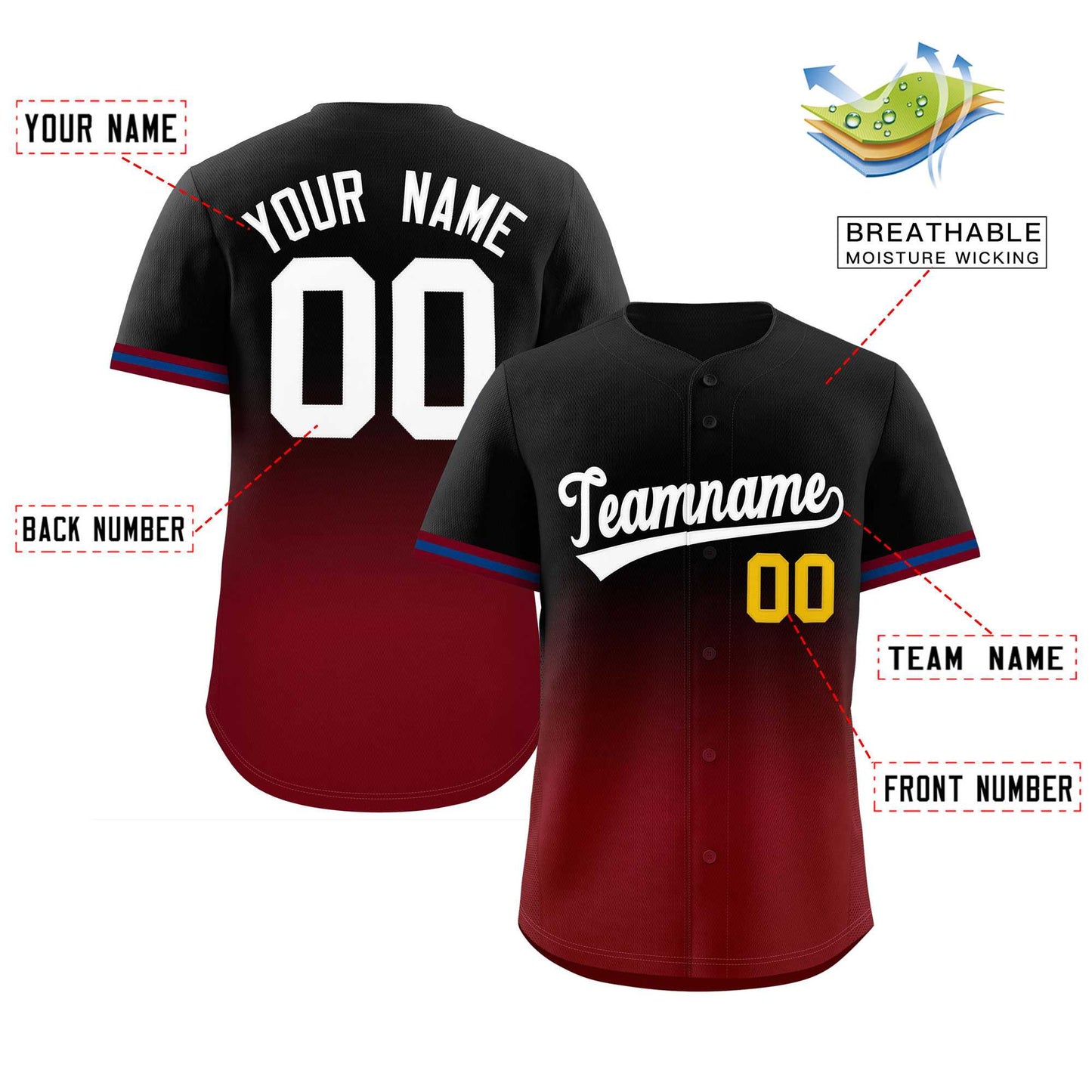 Custom Black Crimson Gradient Fashion Full Button Design Authentic Baseball Jersey