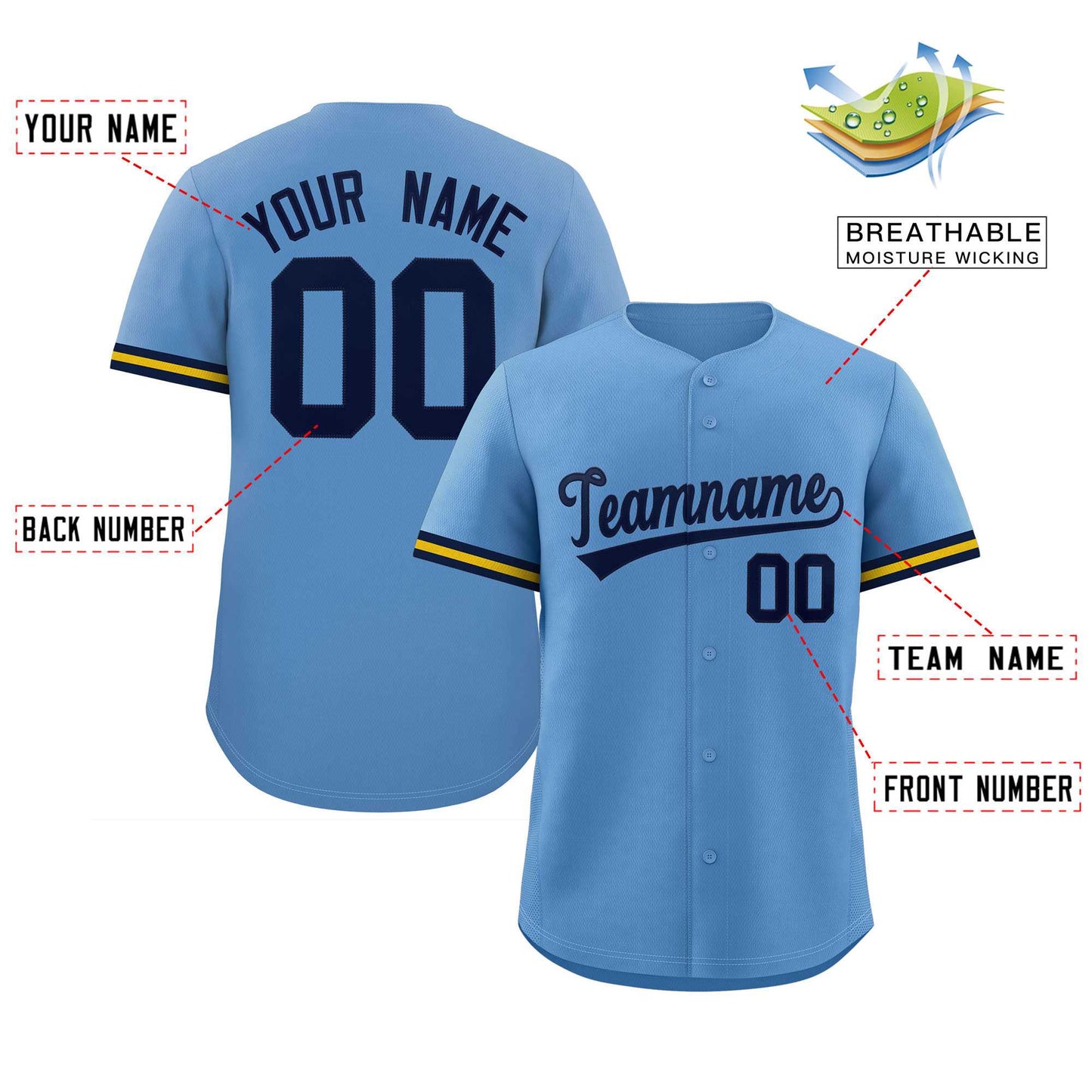 Custom Light Blue Navy Full Button Design Authentic Baseball Jersey