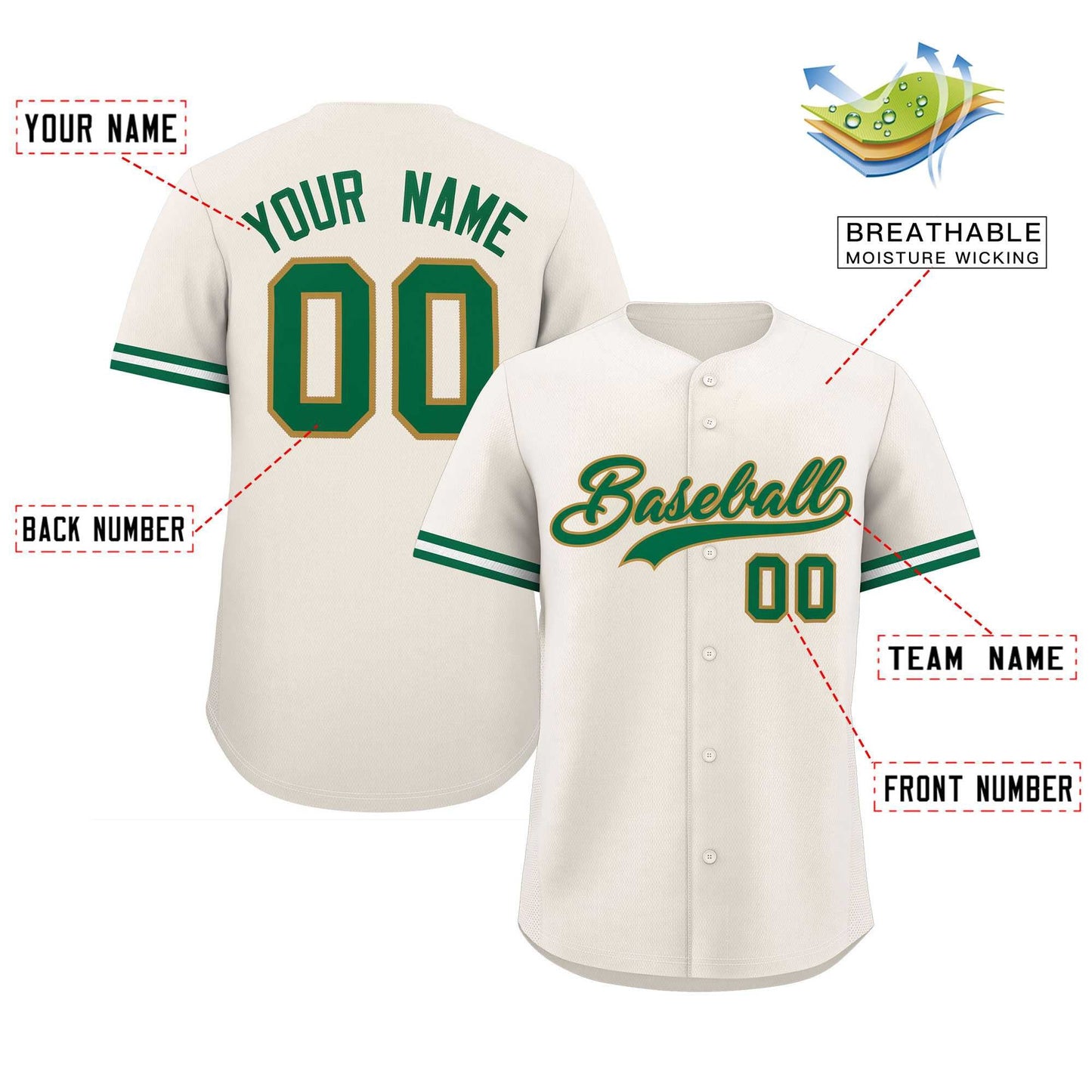 Custom Cream Kelly Green Full Button Design Authentic Baseball Jersey