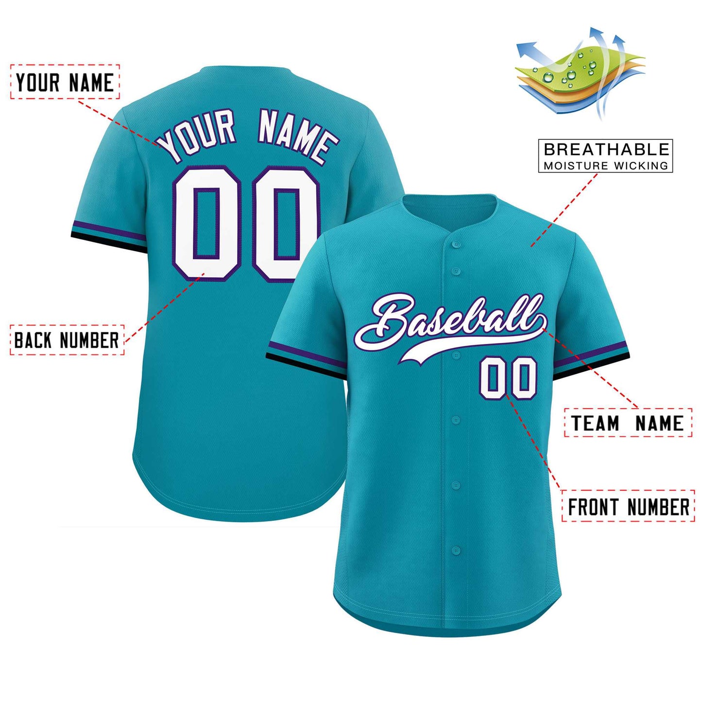 Custom Teal White Full Button Design Authentic Baseball Jersey