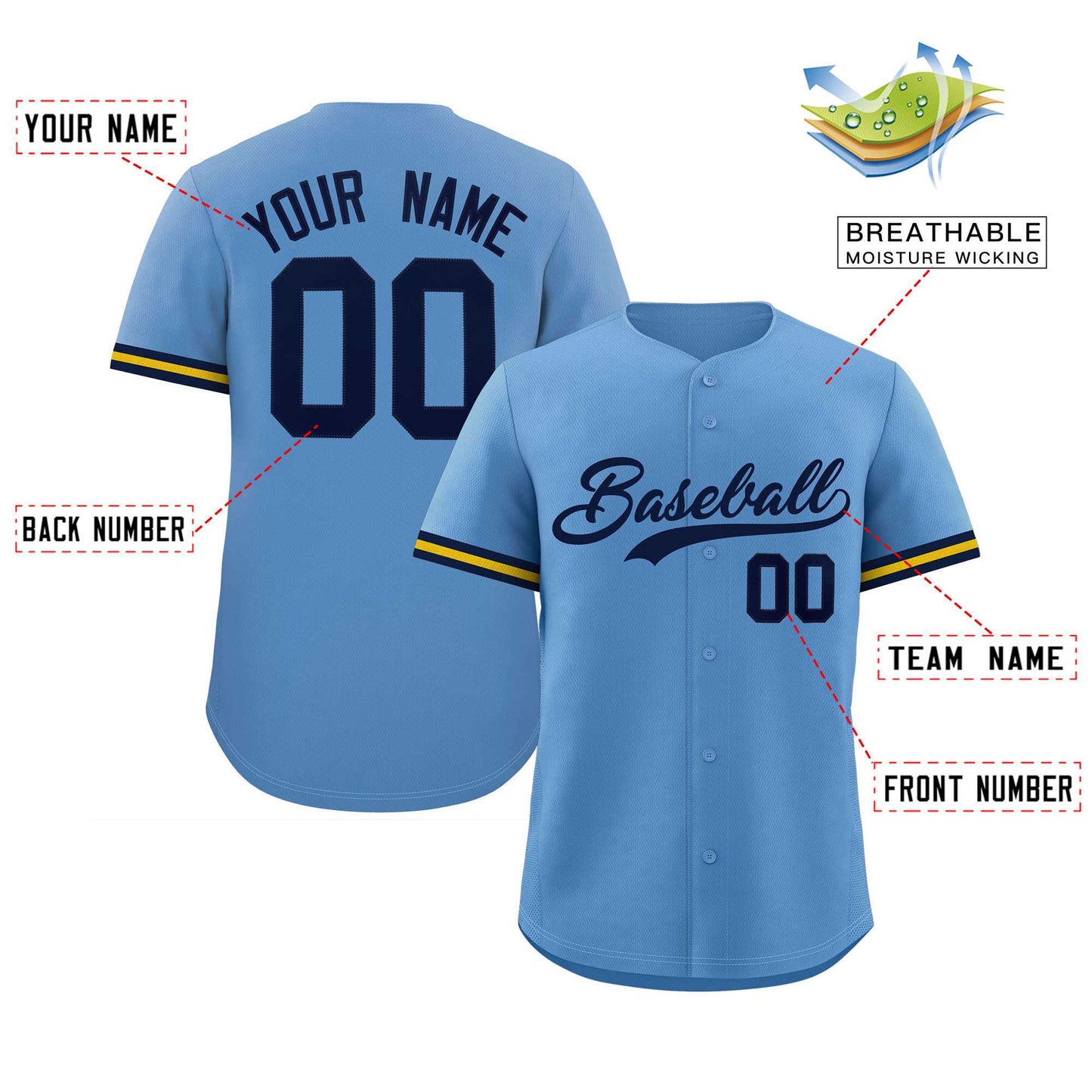 Custom Light Blue Navy Full Button Design Authentic Baseball Jersey