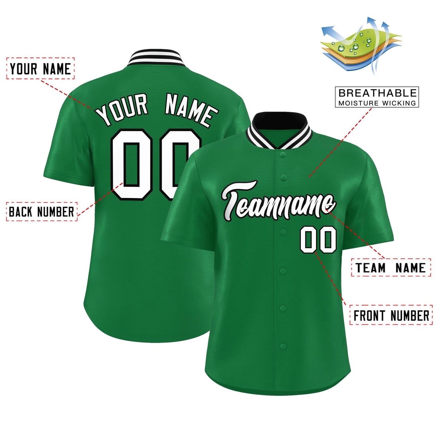 Custom Kelly Green Classic Style Authentic Stand Collar Baseball Jersey