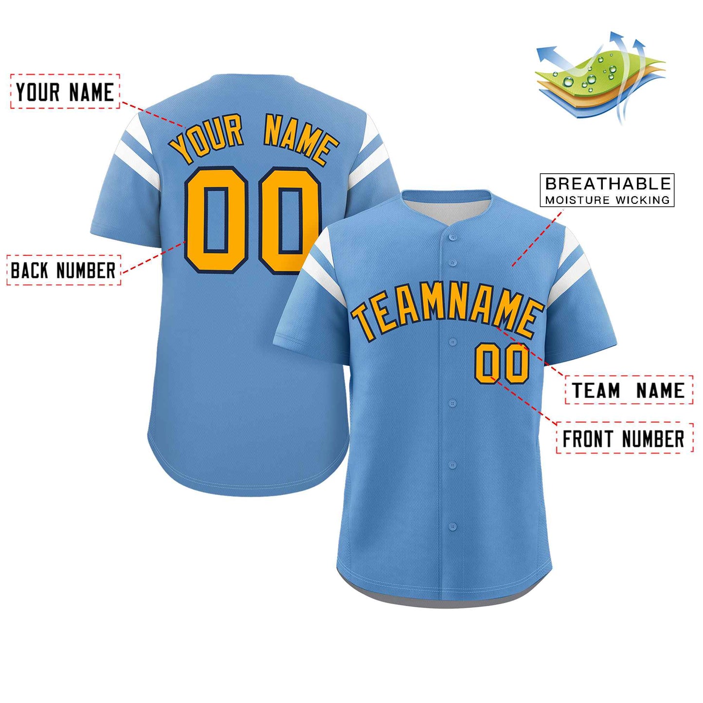 Custom Light Blue Yellow-White Classic Style Personalized Full Button Authentic Baseball Jersey