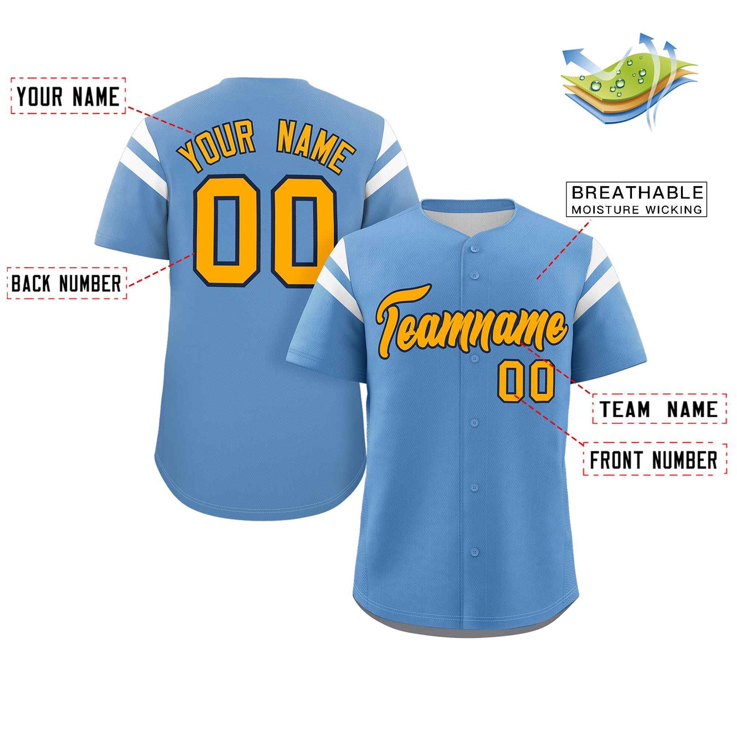 Custom Light Blue Yellow-White Classic Style Personalized Full Button Authentic Baseball Jersey