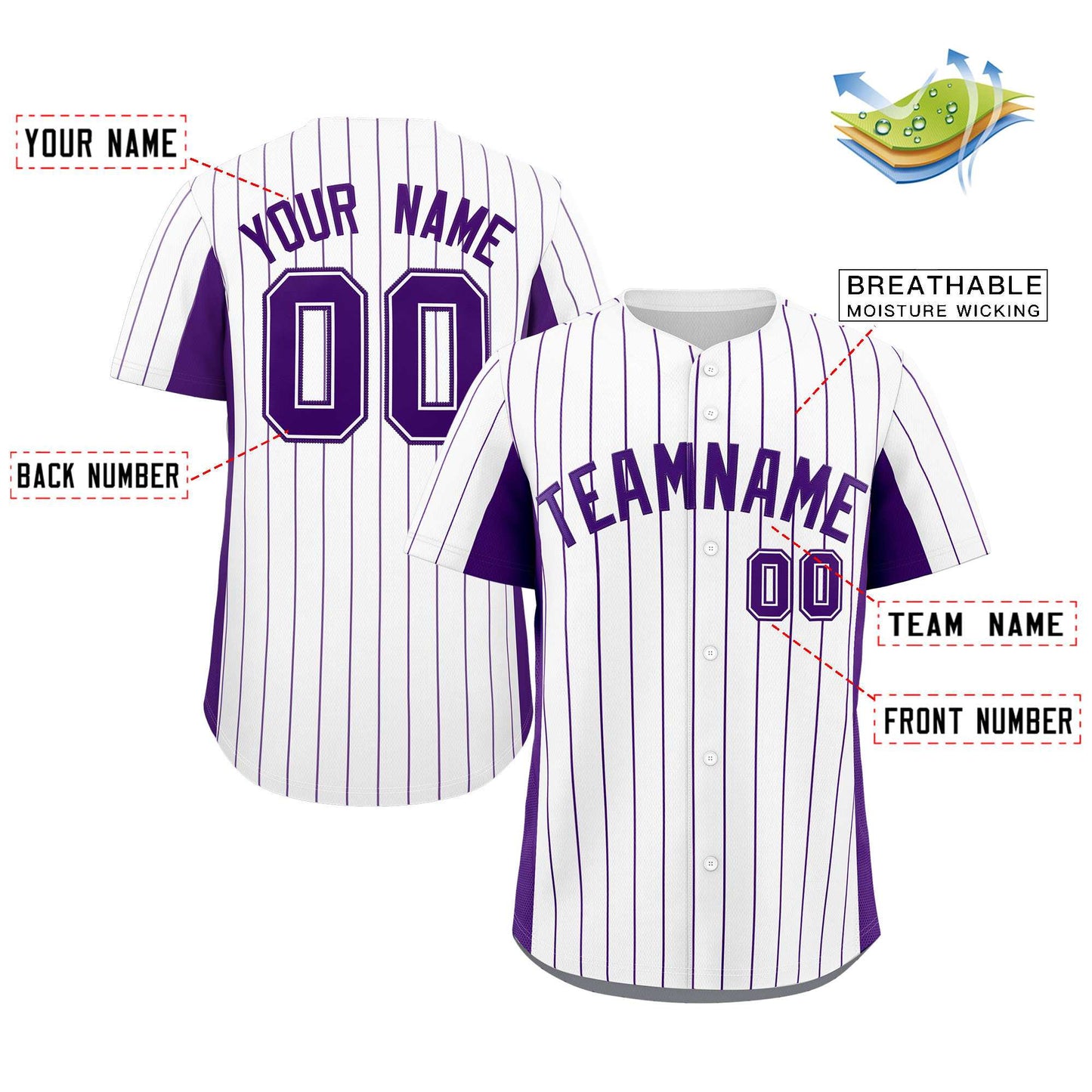 Custom White Purple Stripe Fashion Design Full Button Authentic Baseball Jersey