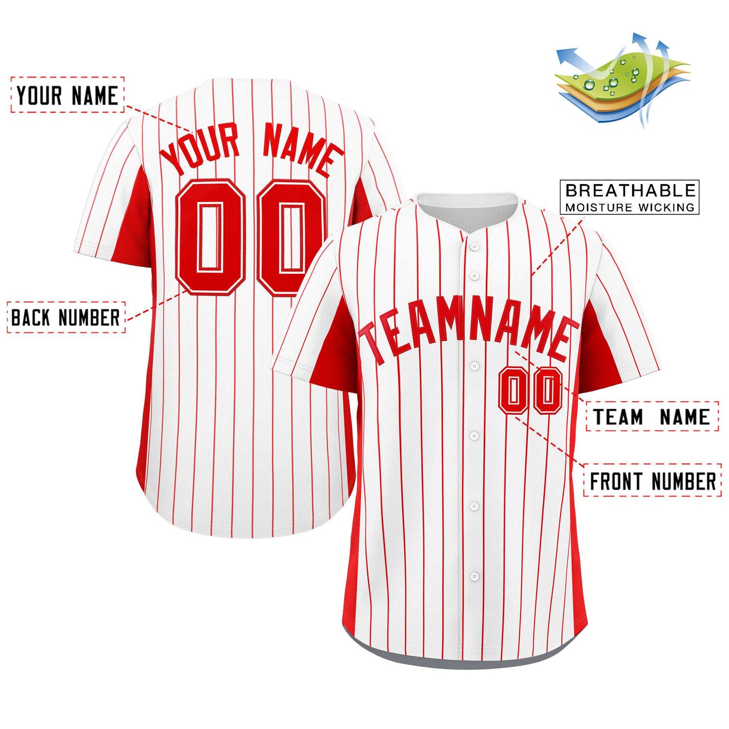 Custom White Red Stripe Fashion Design Full Button Authentic Baseball Jersey