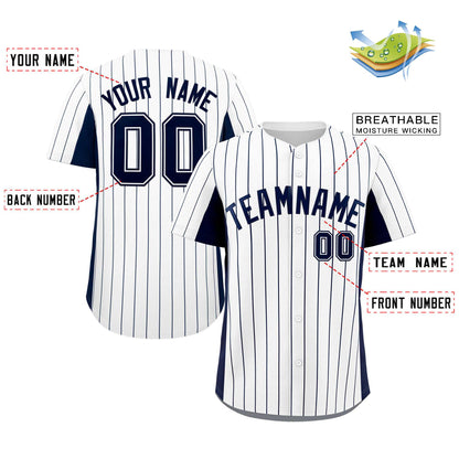 Custom White Navy Stripe Fashion Design Full Button Authentic Baseball Jersey