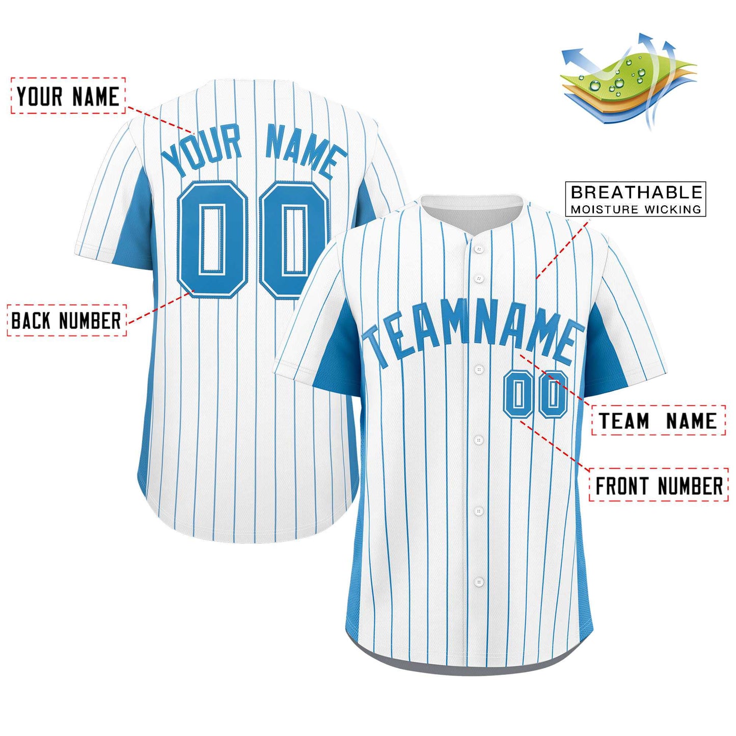 Custom White Light Blue Stripe Fashion Design Full Button Authentic Baseball Jersey