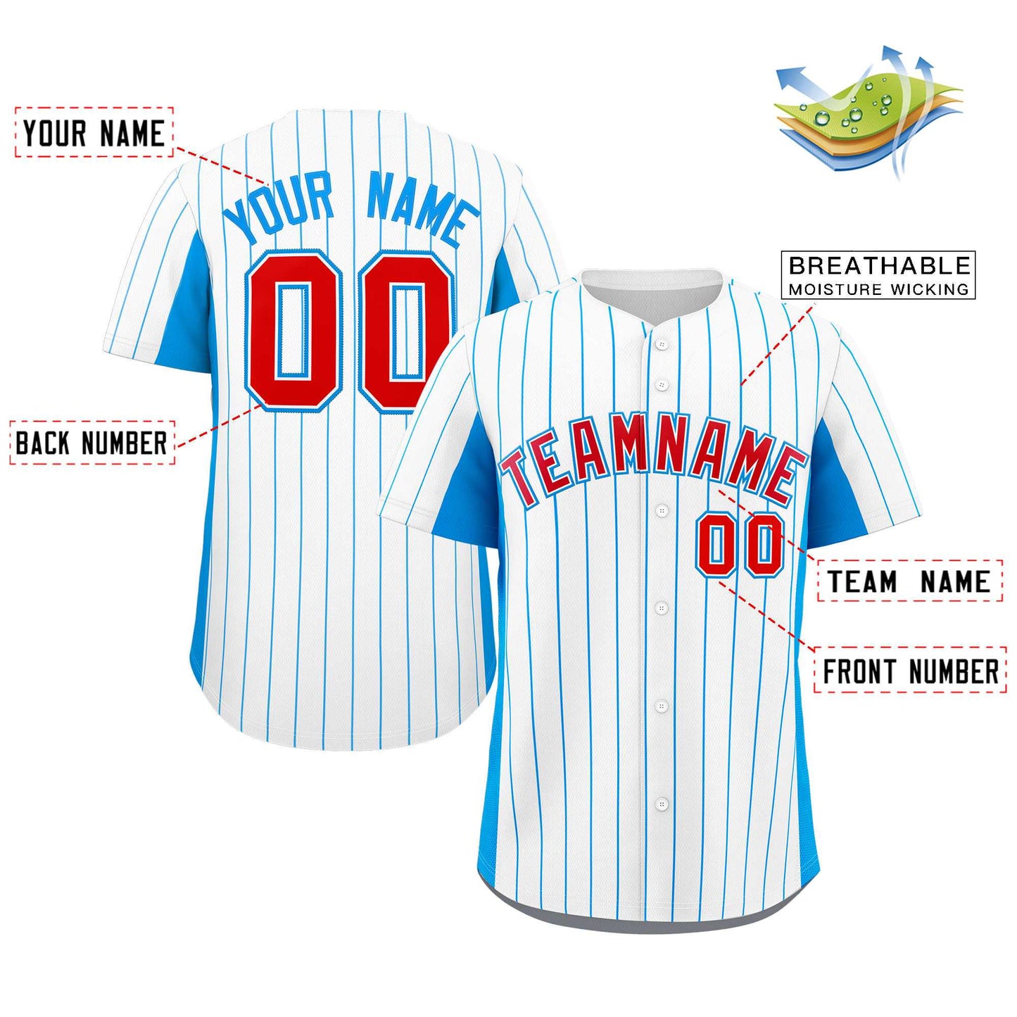 Custom White Powder Blue-Red Stripe Fashion Design Full Button Authentic Baseball Jersey