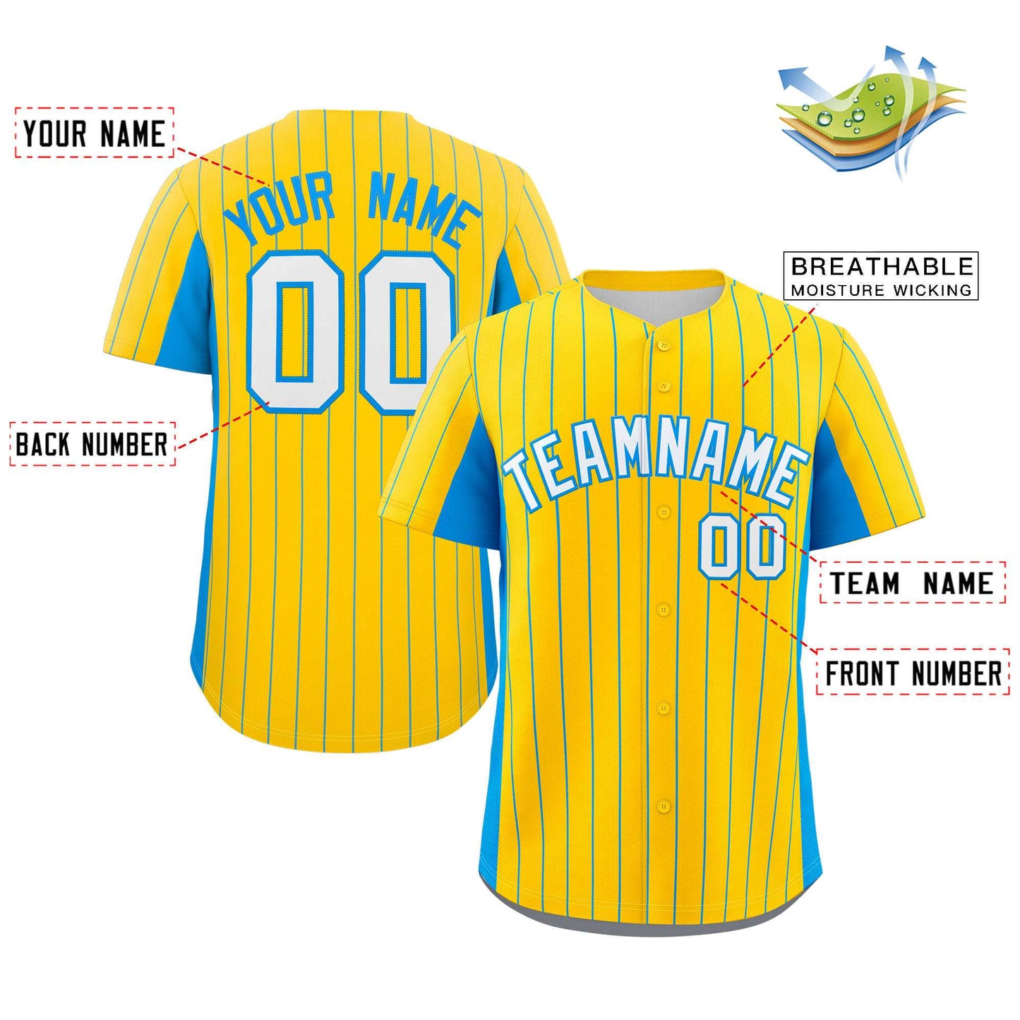 Custom Gold Powder Blue-White Stripe Fashion Design Full Button Authentic Baseball Jersey