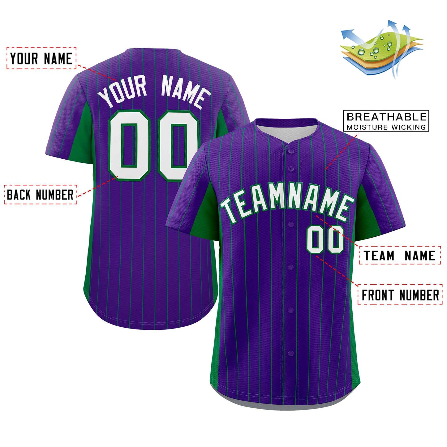 Custom Purple Kelly Green-White Stripe Fashion Design Full Button Authentic Baseball Jersey