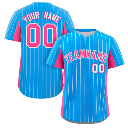 Custom Powder Blue Pink Stripe Fashion Design Full Button Authentic Baseball Jersey