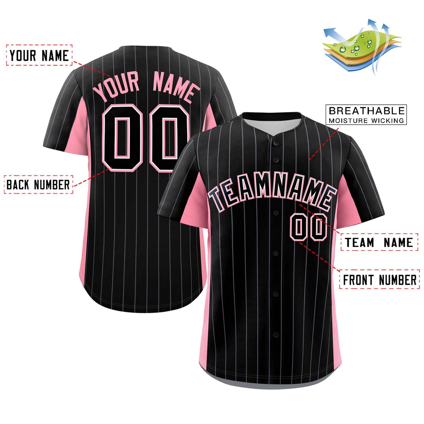 Custom Black Pink Stripe Fashion Design Full Button Authentic Baseball Jersey