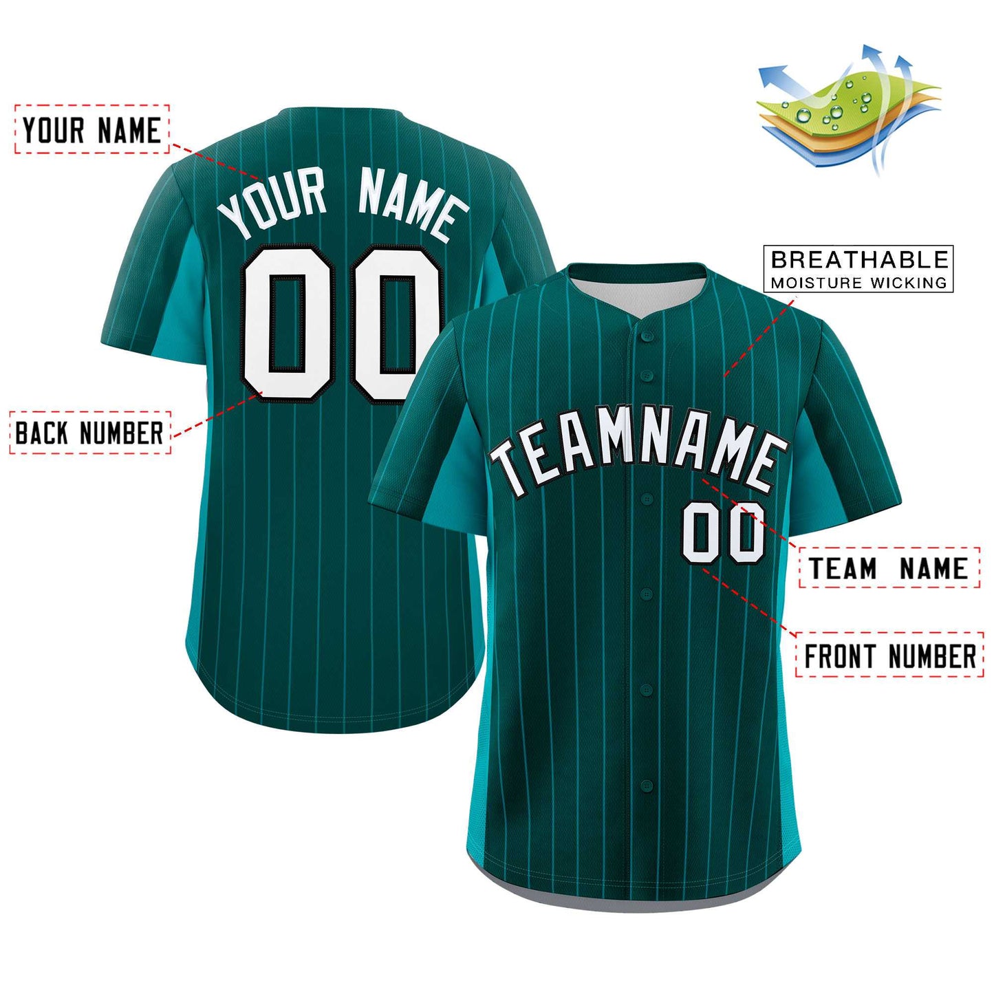 Custom Midnight Green Aqua-White Stripe Fashion Design Full Button Authentic Baseball Jersey