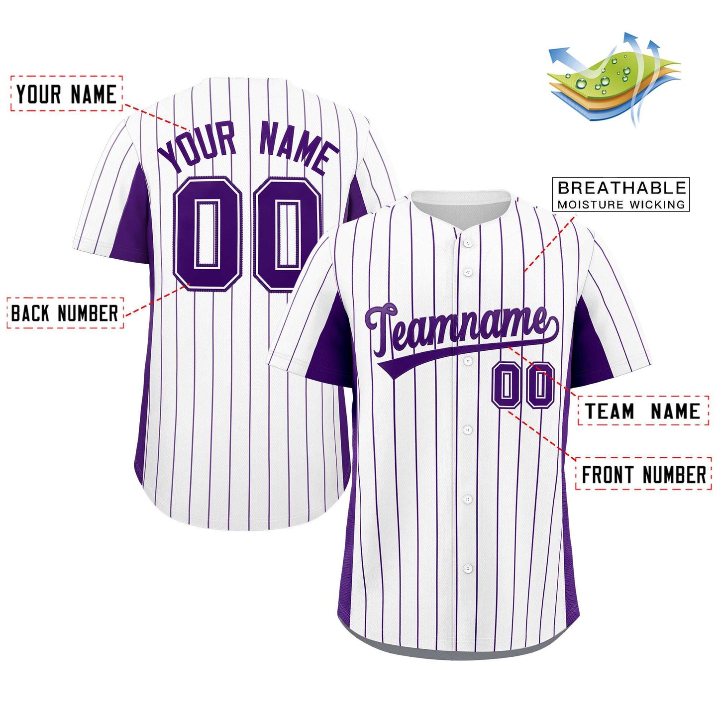 Custom White Purple Stripe Fashion Design Full Button Authentic Baseball Jersey