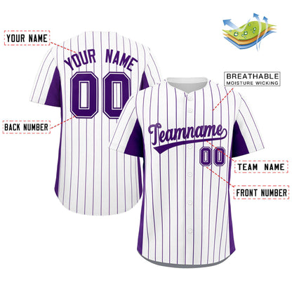 Custom White Purple Stripe Fashion Design Full Button Authentic Baseball Jersey