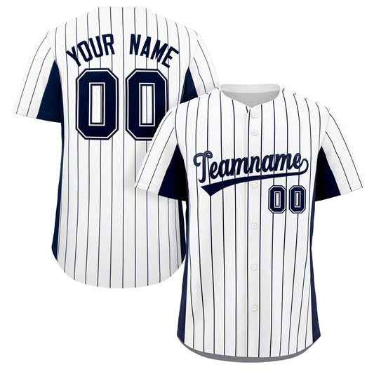 Custom White Navy Stripe Fashion Design Full Button Authentic Baseball Jersey