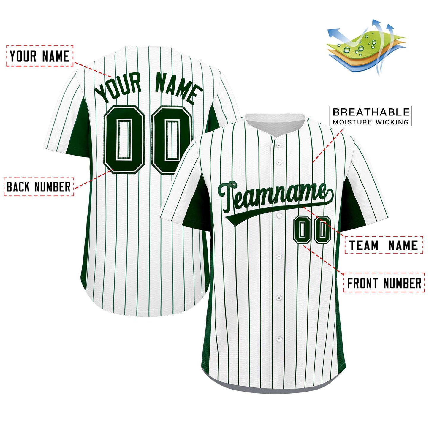 Custom White Green Stripe Fashion Design Full Button Authentic Baseball Jersey