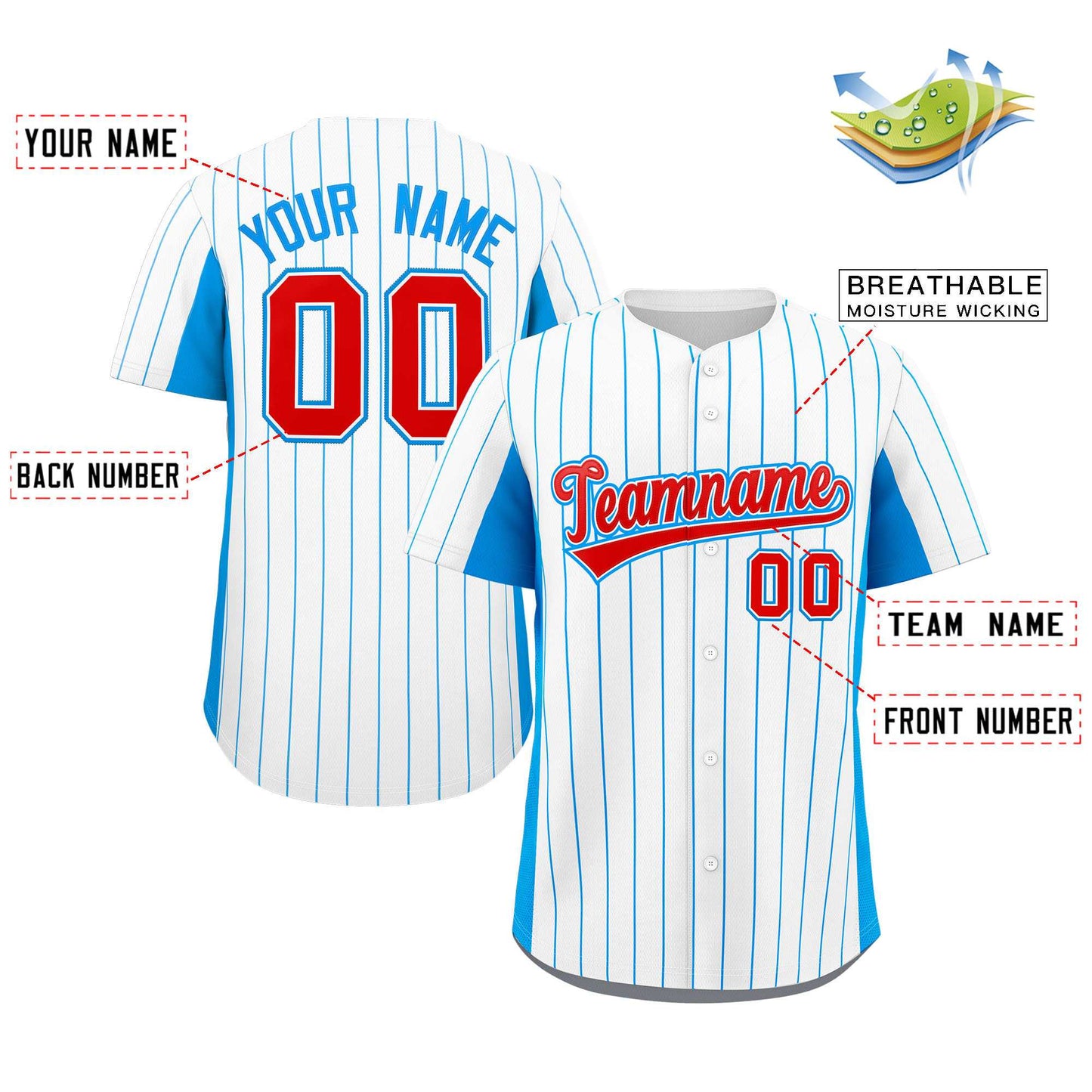 Custom White Powder Blue-Red Stripe Fashion Design Full Button Authentic Baseball Jersey