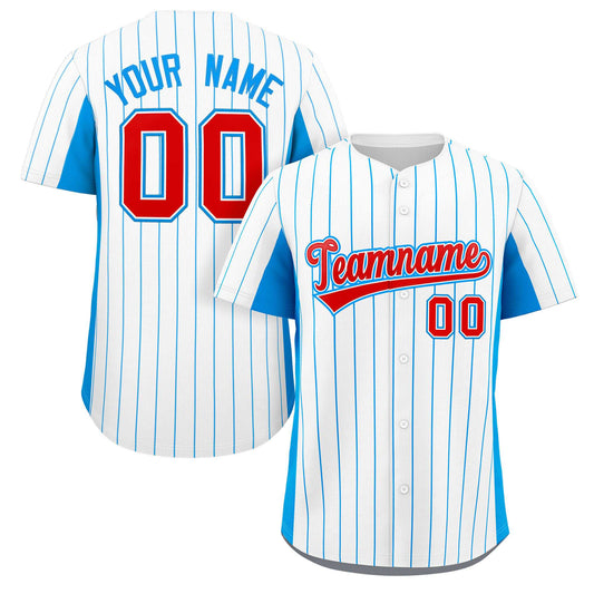 Custom White Powder Blue-Red Stripe Fashion Design Full Button Authentic Baseball Jersey