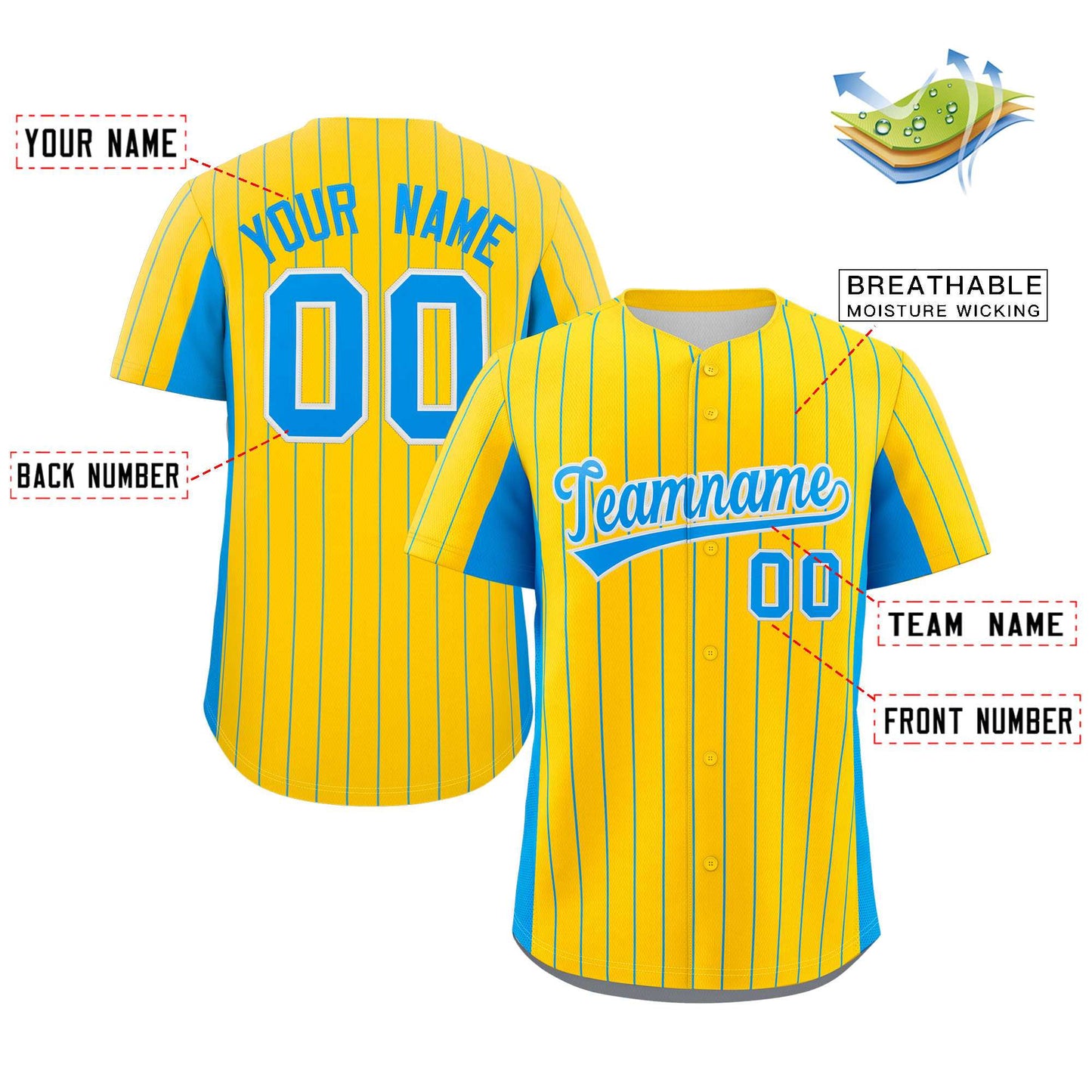 Custom Gold Powder Blue Stripe Fashion Design Full Button Authentic Baseball Jersey