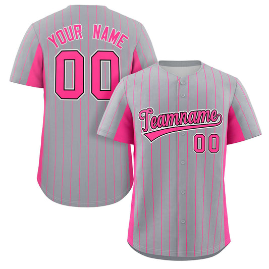 Custom Gray Pink Stripe Fashion Design Full Button Authentic Baseball Jersey