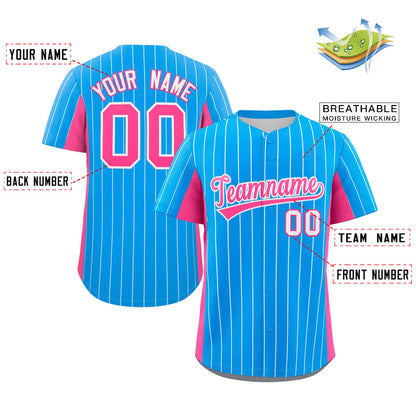 Custom Powder Blue Pink Stripe Fashion Design Full Button Authentic Baseball Jersey