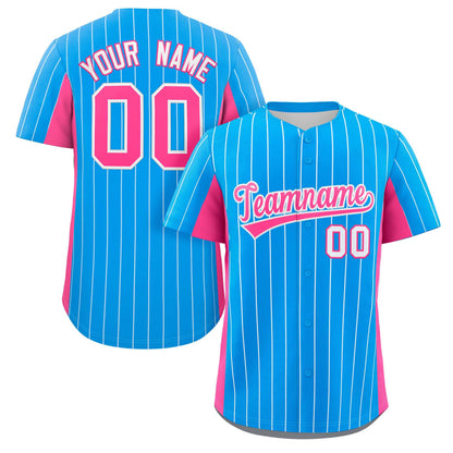 Custom Powder Blue Pink Stripe Fashion Design Full Button Authentic Baseball Jersey