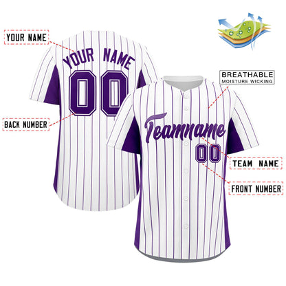 Custom White Purple Stripe Fashion Design Full Button Authentic Baseball Jersey