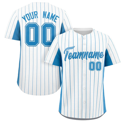 Custom White Light Blue Stripe Fashion Design Full Button Authentic Baseball Jersey