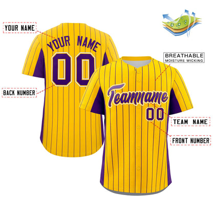 Custom Gold Purple Stripe Fashion Design Full Button Authentic Baseball Jersey