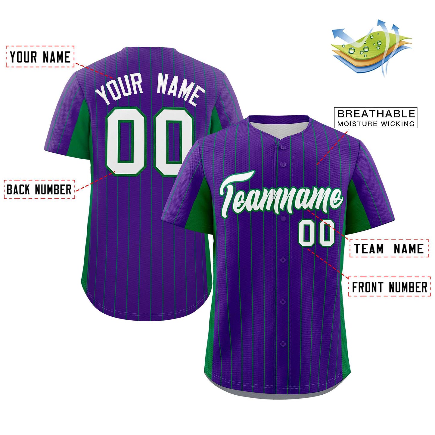 Custom Purple Kelly Green-White Stripe Fashion Design Full Button Authentic Baseball Jersey