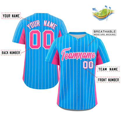 Custom Powder Blue Pink Stripe Fashion Design Full Button Authentic Baseball Jersey