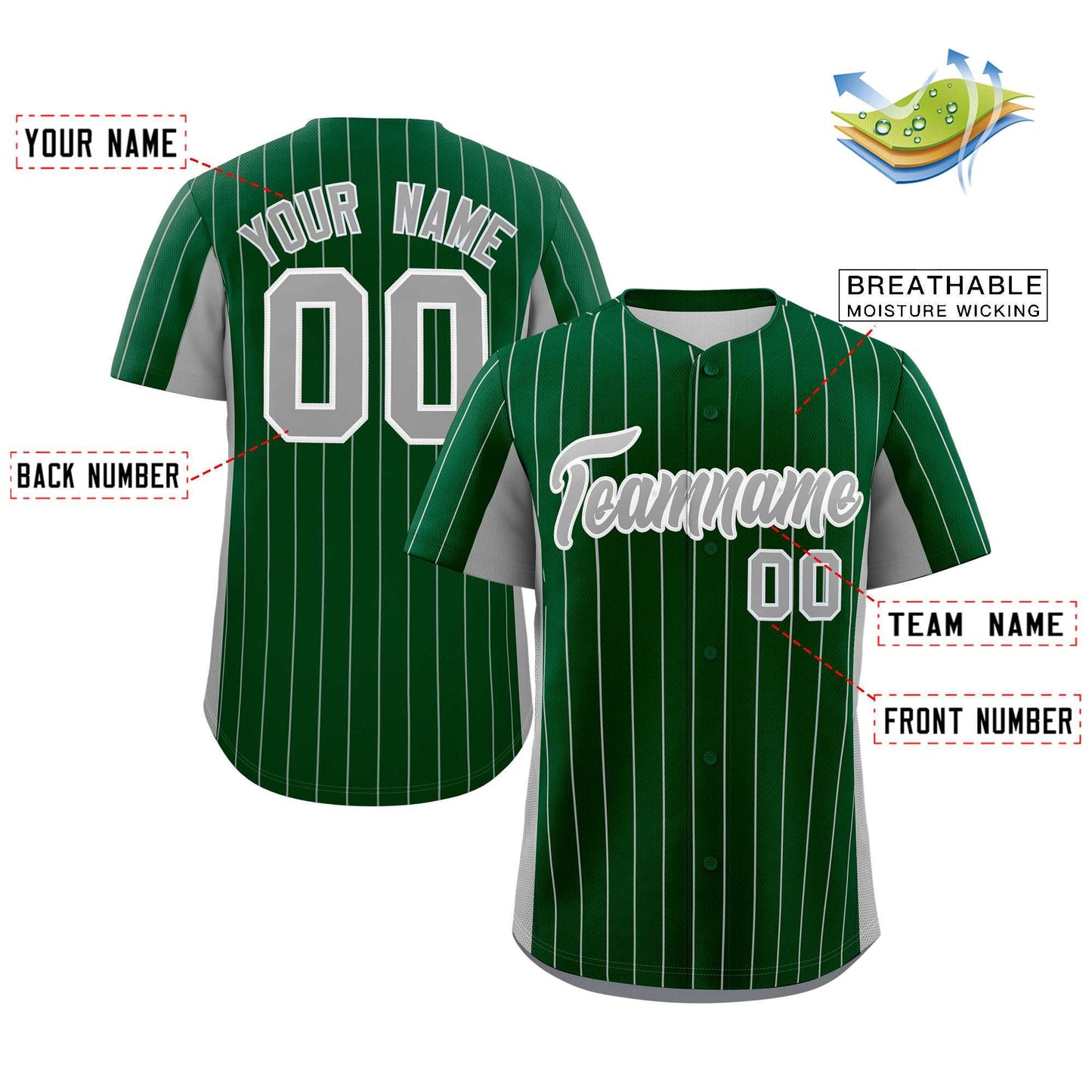 Custom Green Gray Stripe Fashion Design Full Button Authentic Baseball Jersey