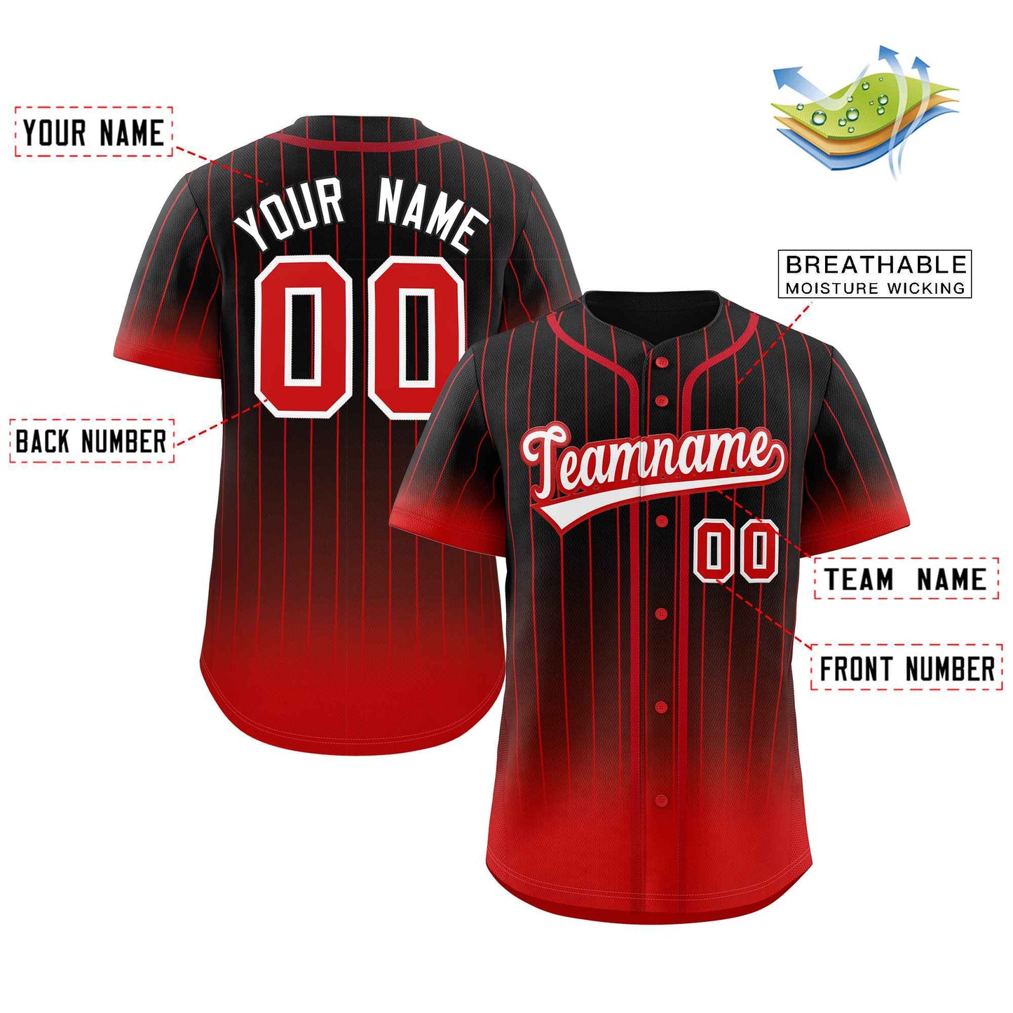 Custom Black Red-White Gradient Stripe Fashion Authentic Baseball Jersey