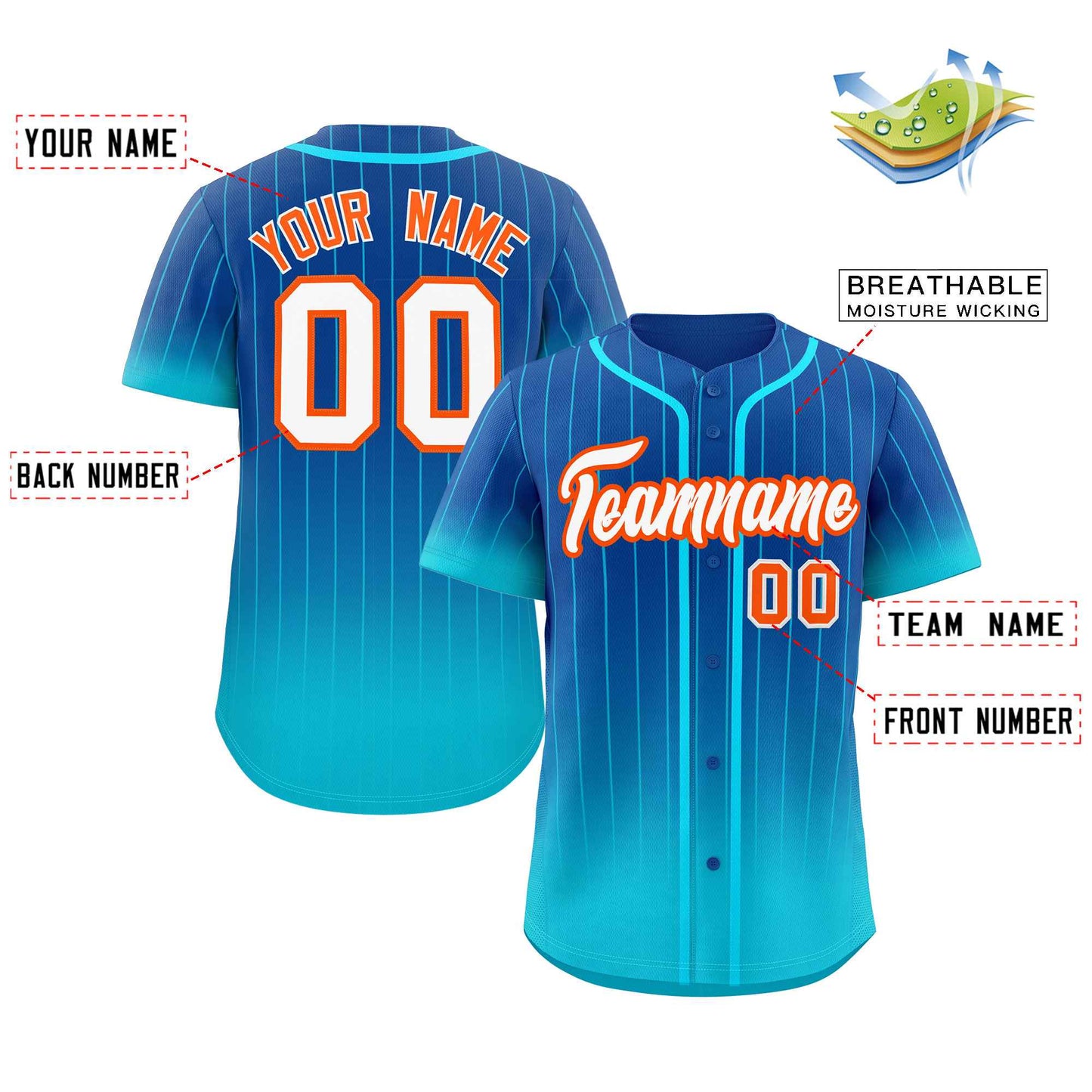 Custom Royal Sky Blue-Orange Gradient Stripe Fashion Authentic Baseball Jersey