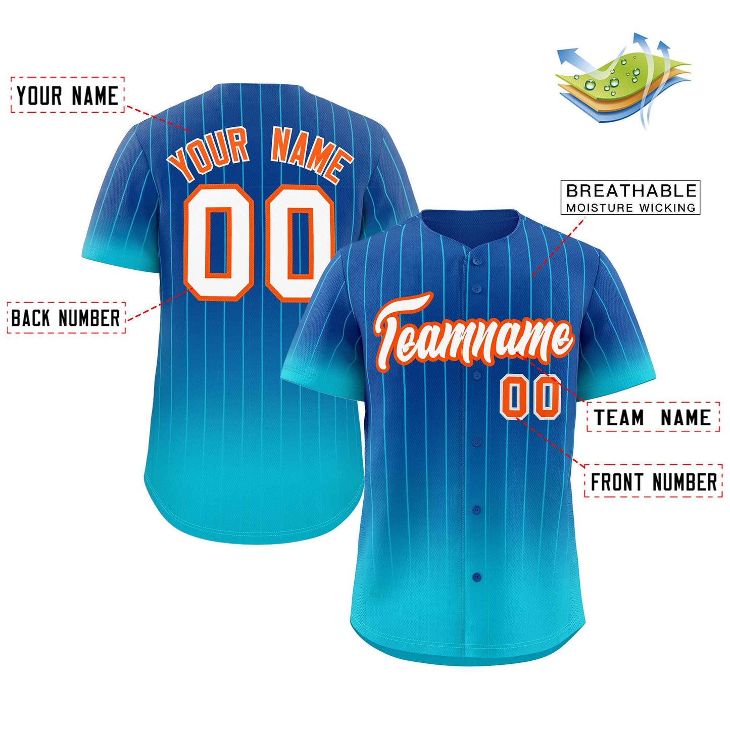 Custom Royal Sky Blue-Orange Gradient Stripe Fashion Authentic Baseball Jersey