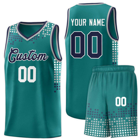 Custom Aqua Square Grid Graffiti Pattern Sports Uniform Basketball Jersey