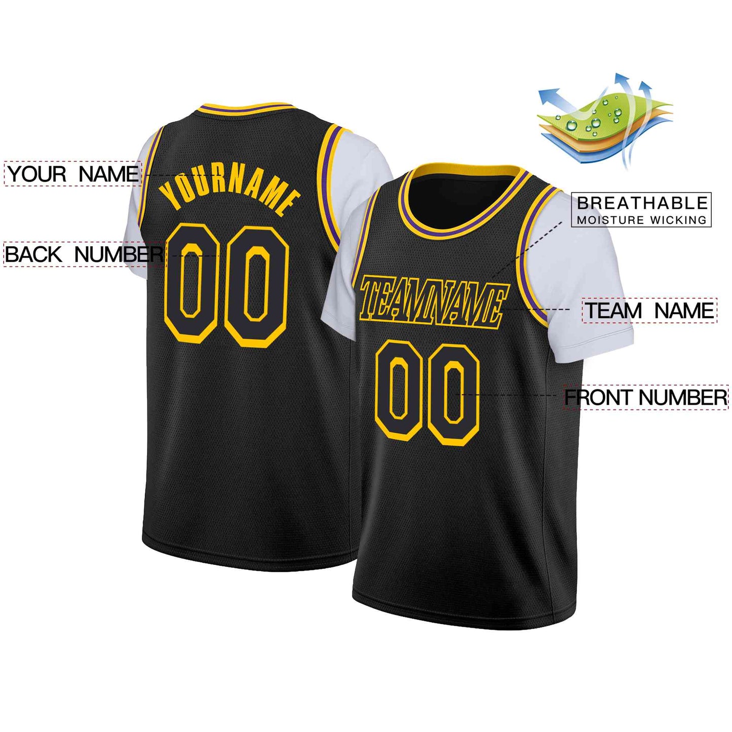 Custom Black Black-Yellow Classic Tops Casual Fake Sleeve Basketball Jersey