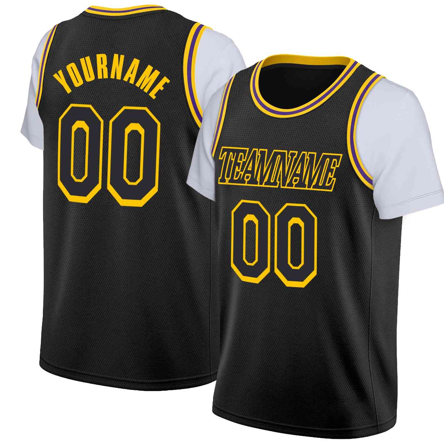 Custom Black Black-Yellow Classic Tops Casual Fake Sleeve Basketball Jersey