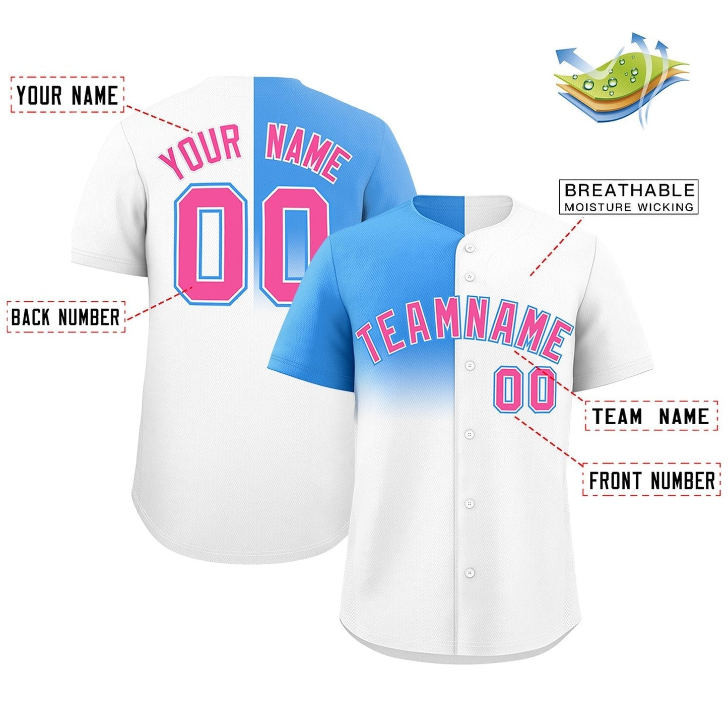 Custom White Powder Blue Personalized Half Gradient Design Authentic Baseball Jersey