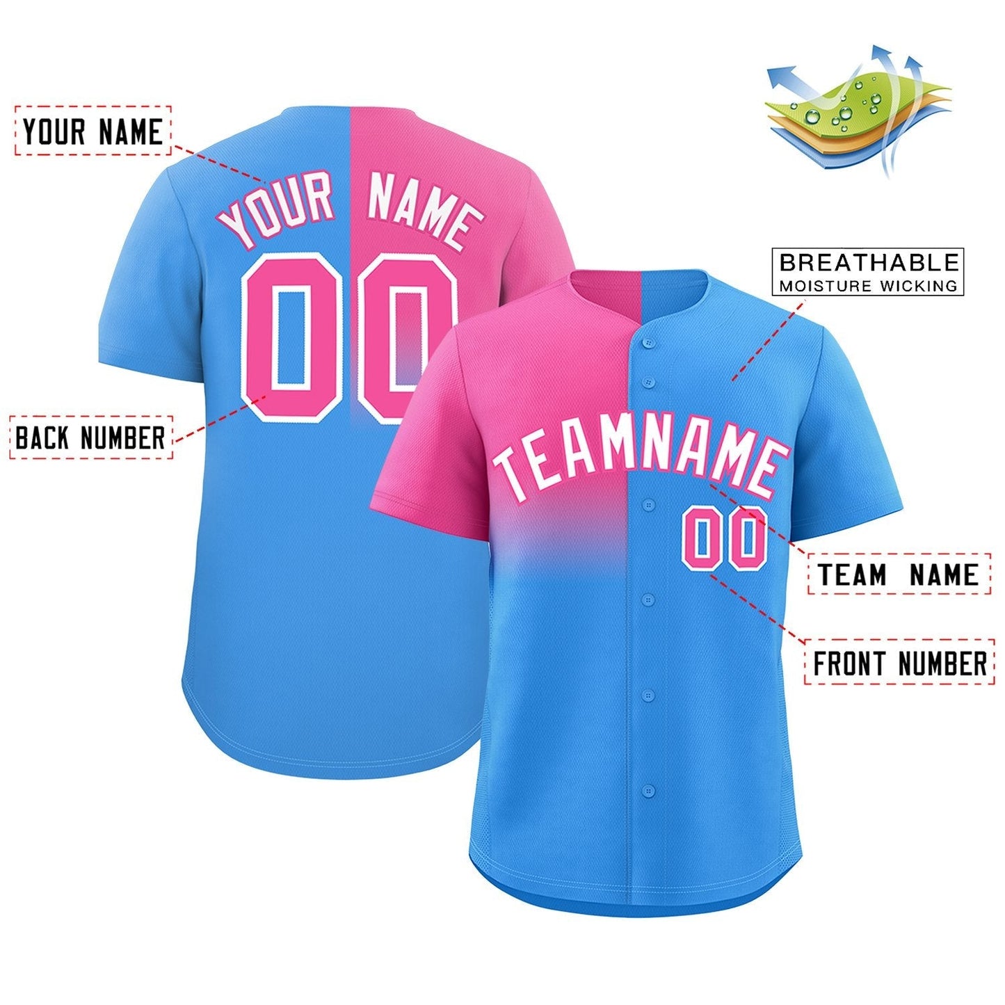 Custom Powder Blue Pink Personalized Half Gradient Design Authentic Baseball Jersey