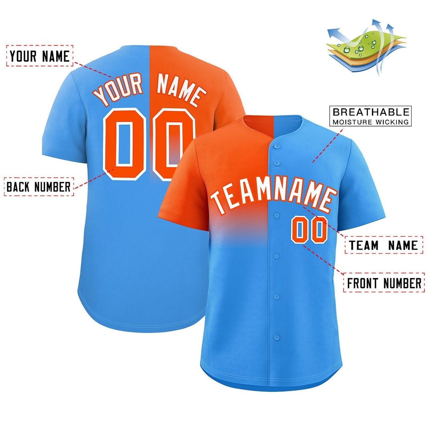 Custom Powder Blue Orange Personalized Half Gradient Design Authentic Baseball Jersey