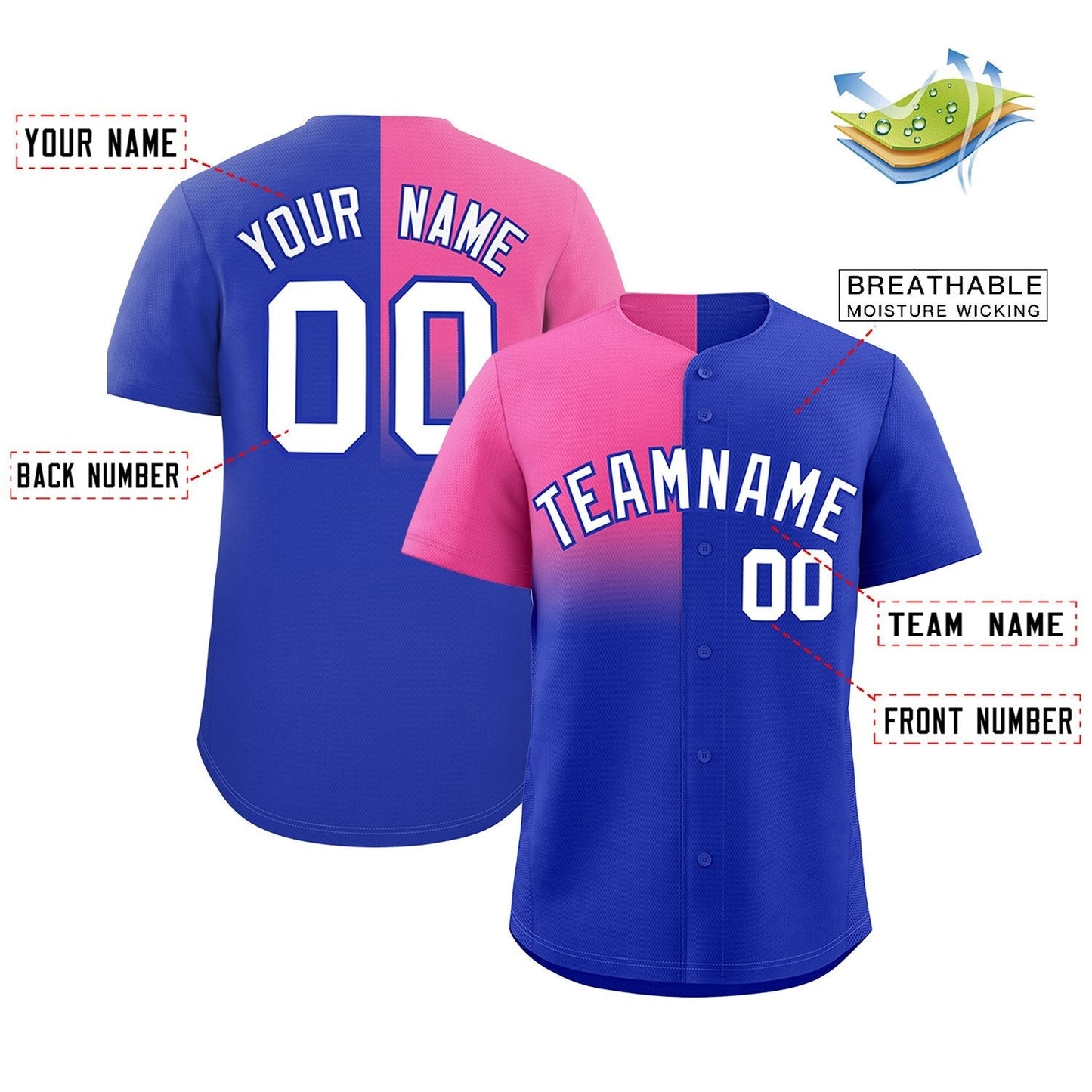 Custom Royal Pink Personalized Half Gradient Design Authentic Baseball Jersey