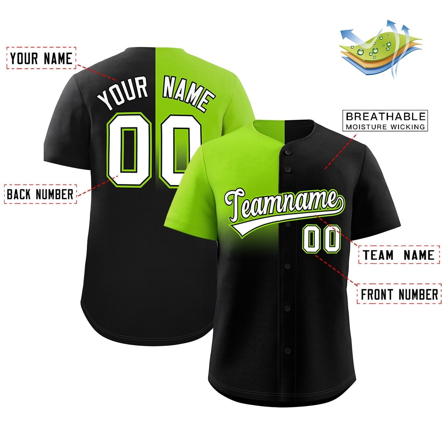 Custom Black Neon Green Personalized Half Gradient Design Authentic Baseball Jersey