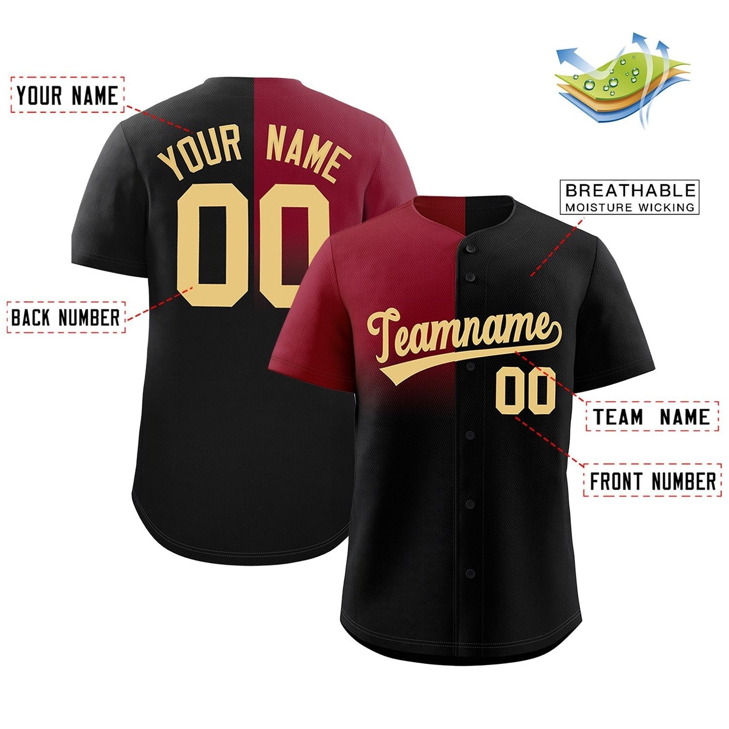 Custom Black Crimson Personalized Half Gradient Design Authentic Baseball Jersey