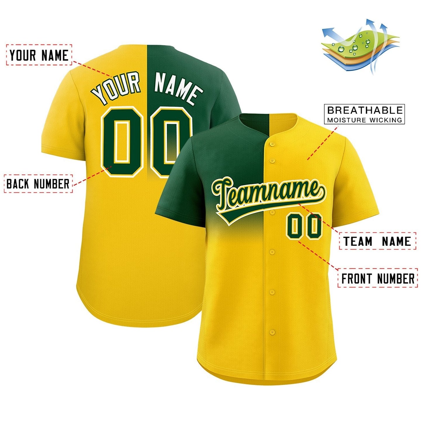 Custom Gold Green Personalized Half Gradient Design Authentic Baseball Jersey