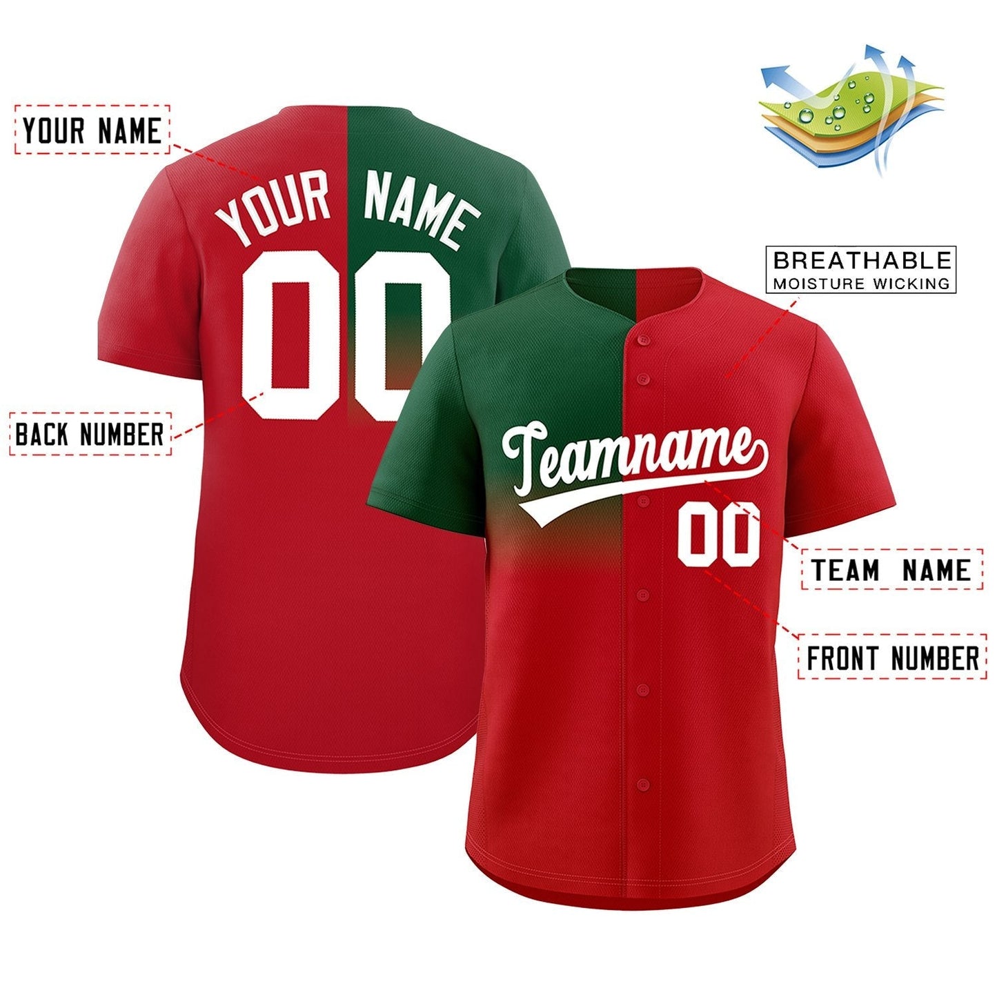 Custom Red Green Personalized Half Gradient Design Authentic Baseball Jersey