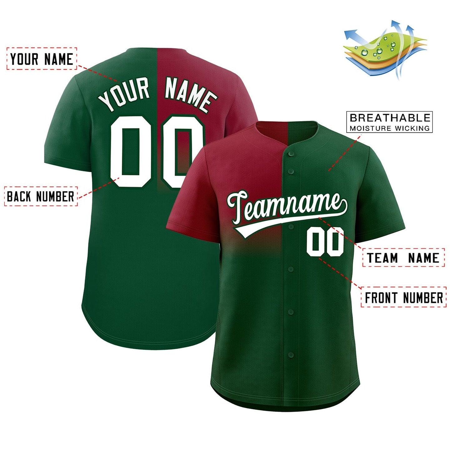 Custom Green Crimson Personalized Half Gradient Design Authentic Baseball Jersey