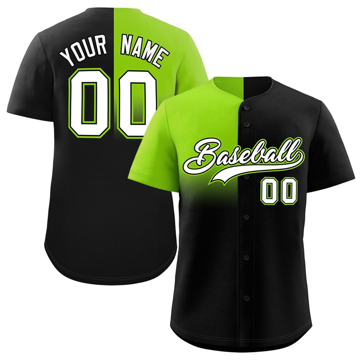 Custom Black Neon Green Personalized Half Gradient Design Authentic Baseball Jersey